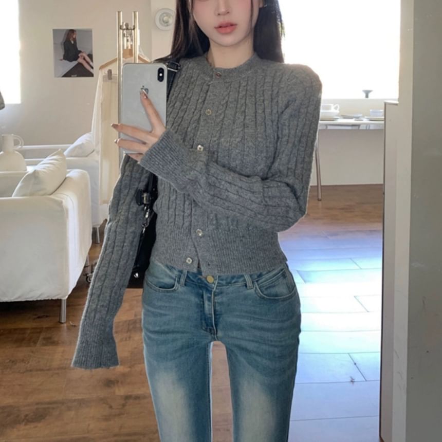 Round Neck Plain Cable Knit Cardigan