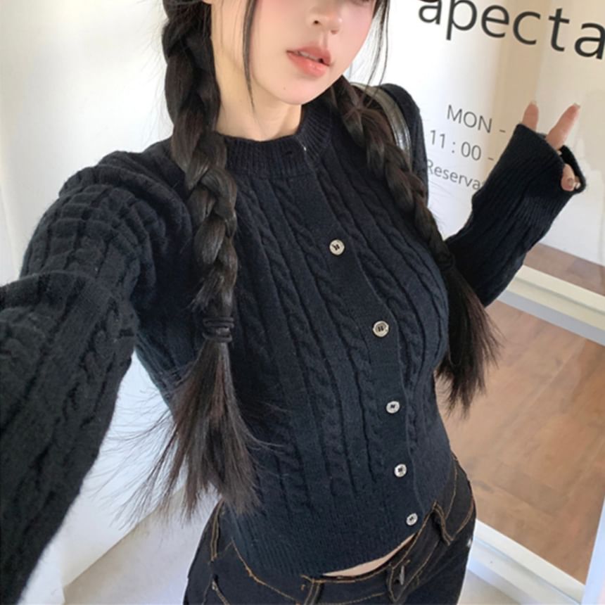 Round Neck Plain Cable Knit Cardigan