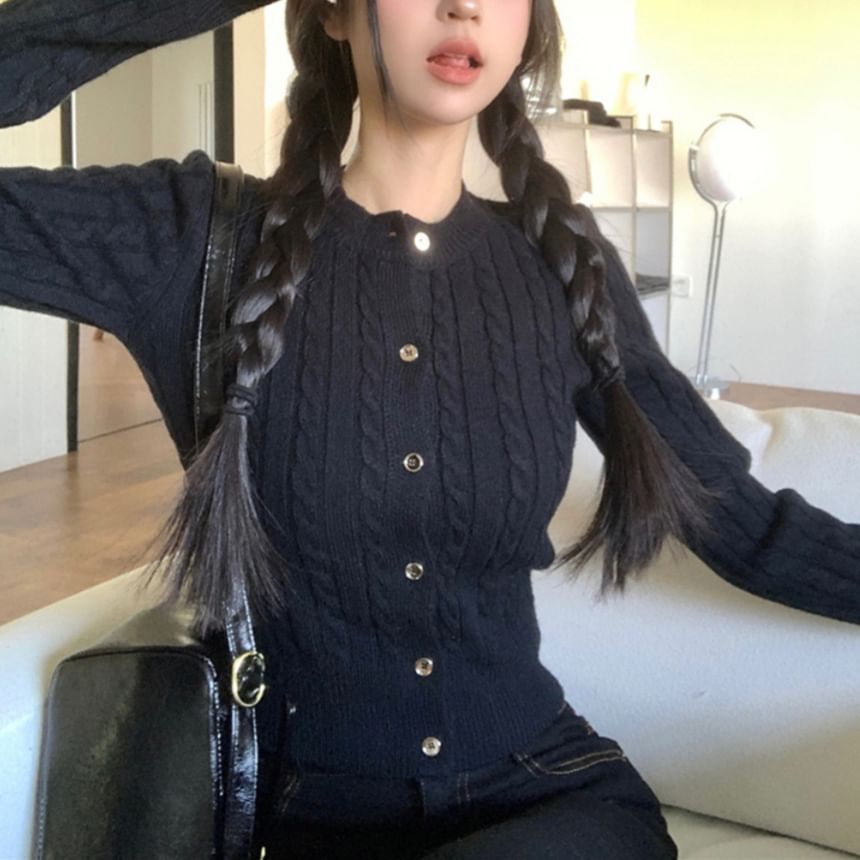Round Neck Plain Cable Knit Cardigan
