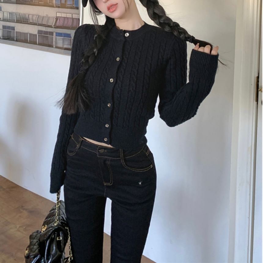 Round Neck Plain Cable Knit Cardigan
