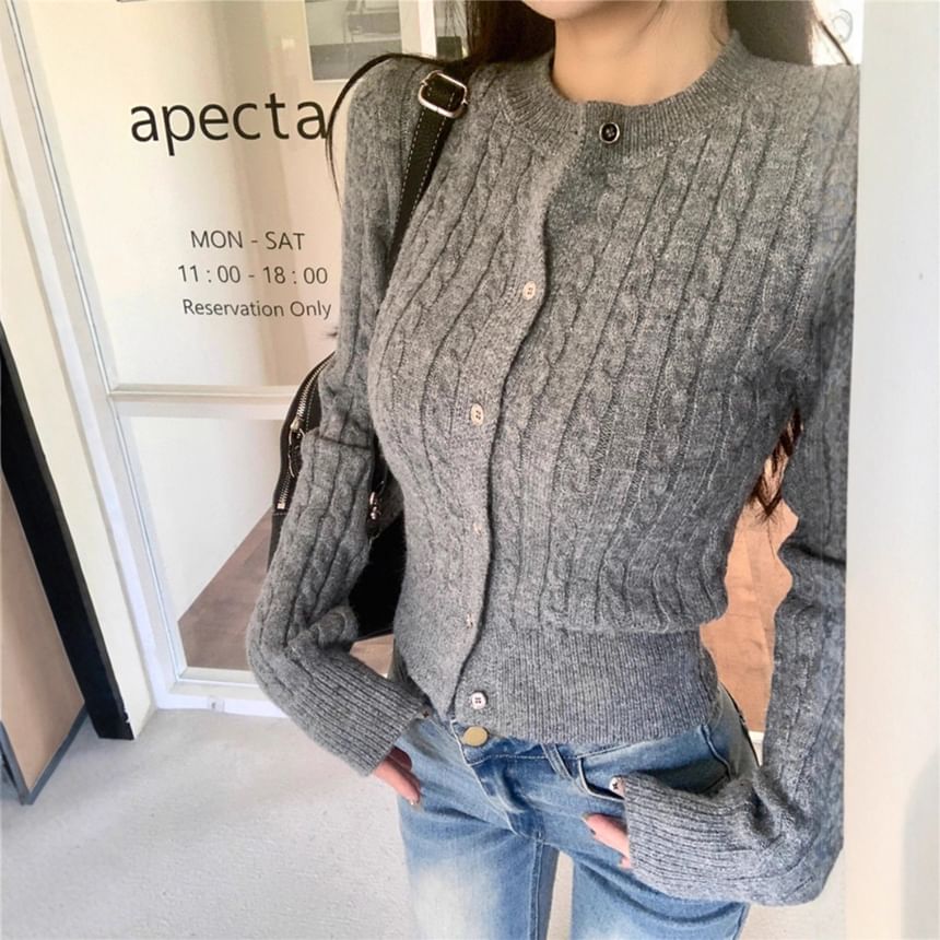 Round Neck Plain Cable Knit Cardigan