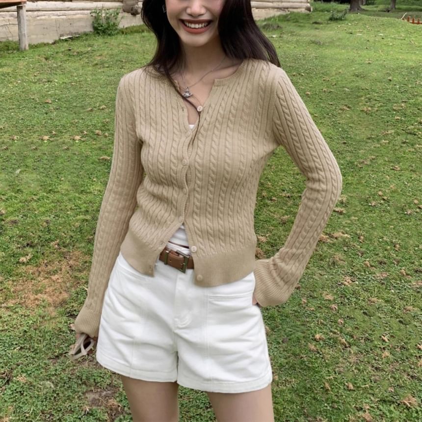 Round Neck Plain Cable Knit Button Up Cardigan