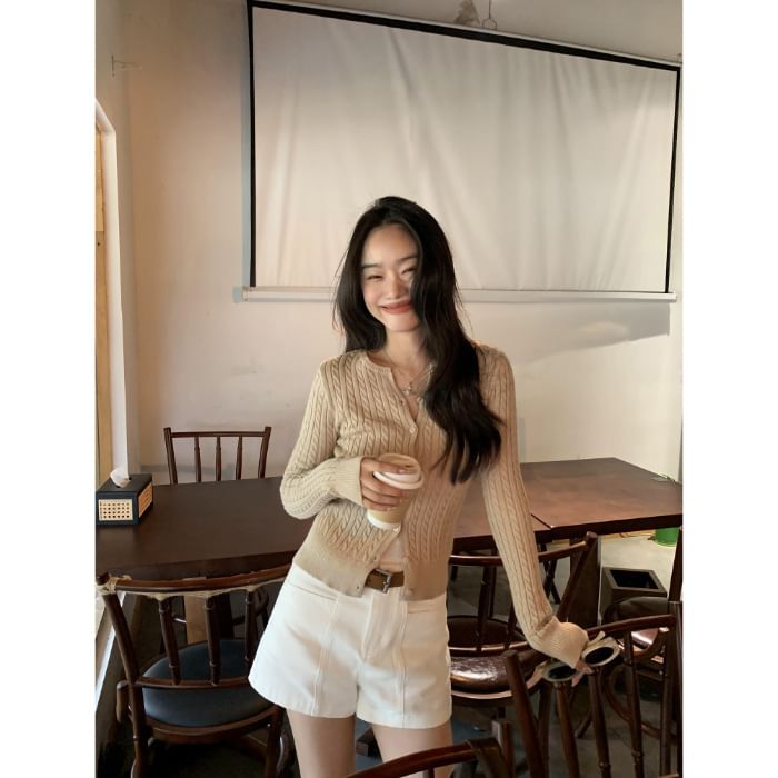 Round Neck Plain Cable Knit Button Up Cardigan
