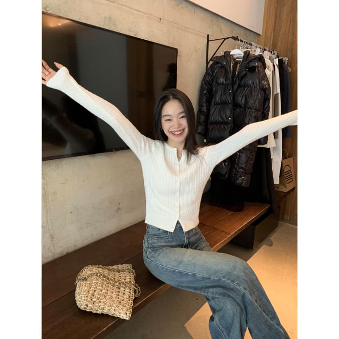 Round Neck Plain Cable Knit Button Up Cardigan