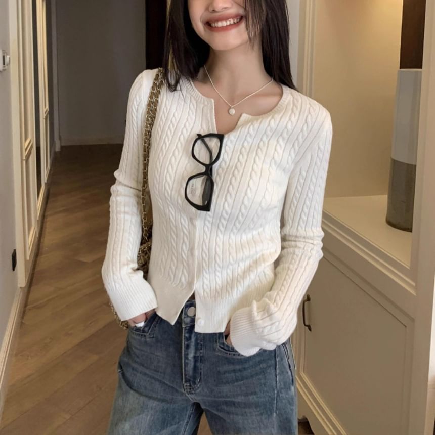 Round Neck Plain Cable Knit Button Up Cardigan