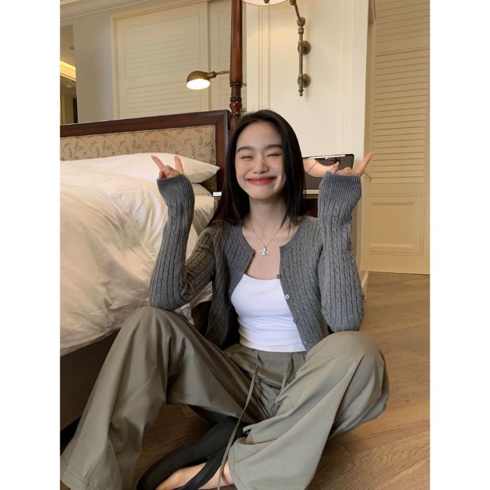 Round Neck Plain Cable Knit Button Up Cardigan