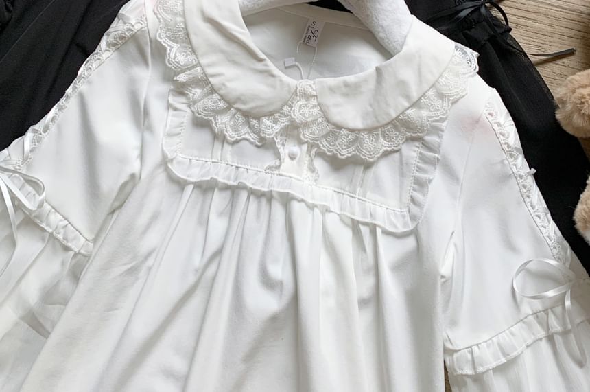 Puff-Sleeve Blouse with Lace Ruffle and Button Front