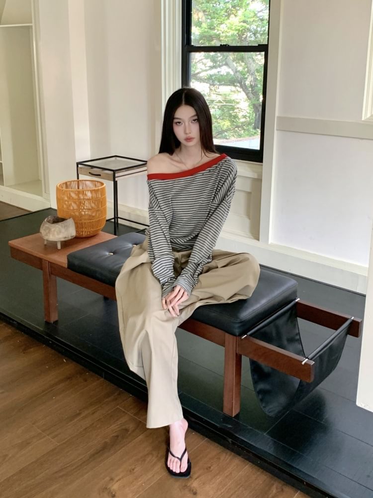 Striped Off-Shoulder T-Shirt with Contrast Trim and Long Sleeves
