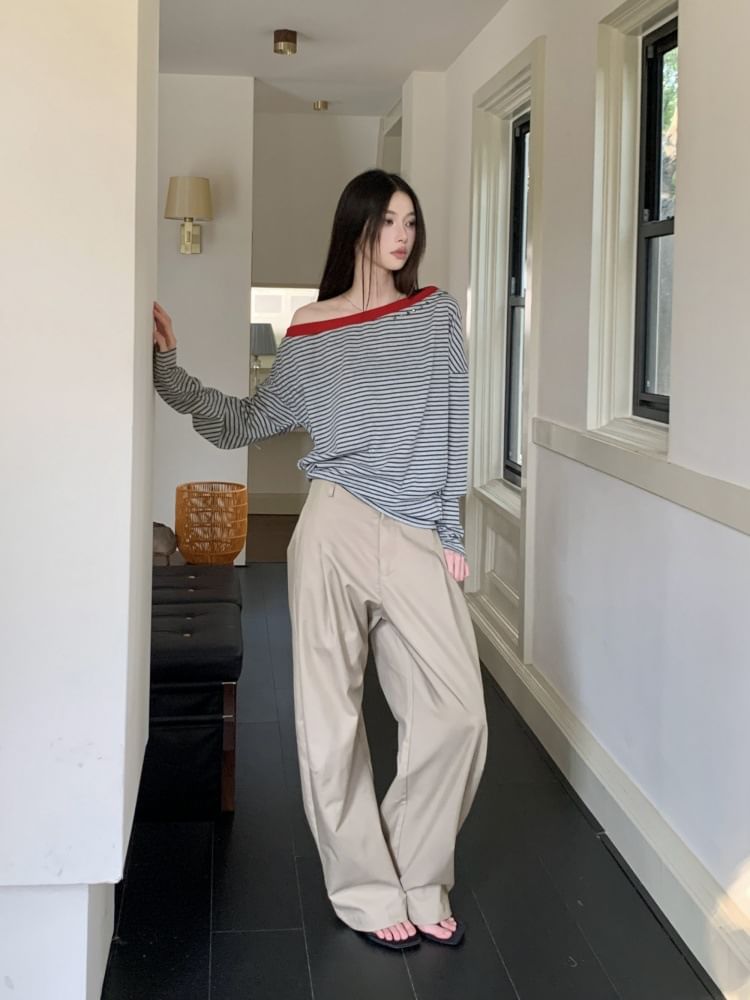 Striped Off-Shoulder T-Shirt with Contrast Trim and Long Sleeves