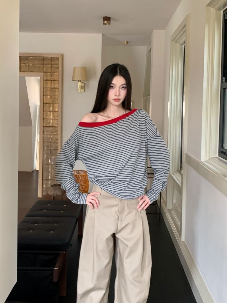 Striped Off-Shoulder T-Shirt with Contrast Trim and Long Sleeves
