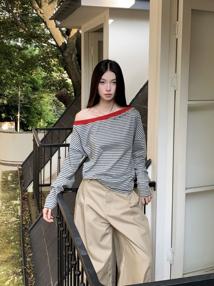 Striped Off-Shoulder T-Shirt with Contrast Trim and Long Sleeves