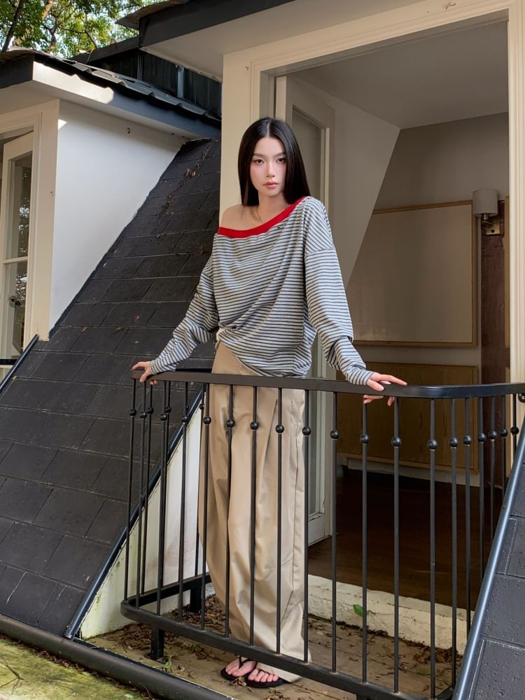 Striped Off-Shoulder T-Shirt with Contrast Trim and Long Sleeves