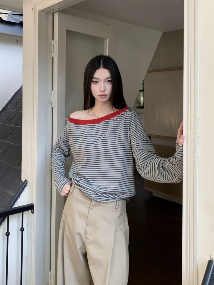 Striped Off-Shoulder T-Shirt with Contrast Trim and Long Sleeves