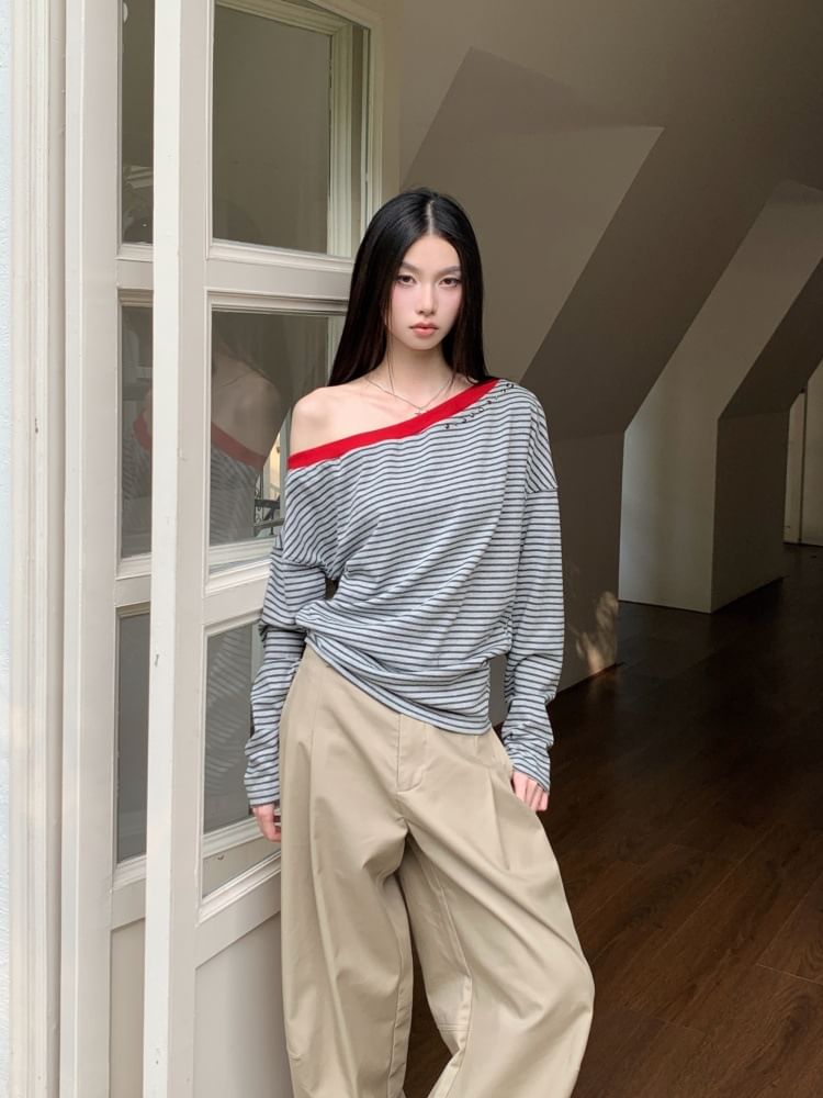 Striped Off-Shoulder T-Shirt with Contrast Trim and Long Sleeves