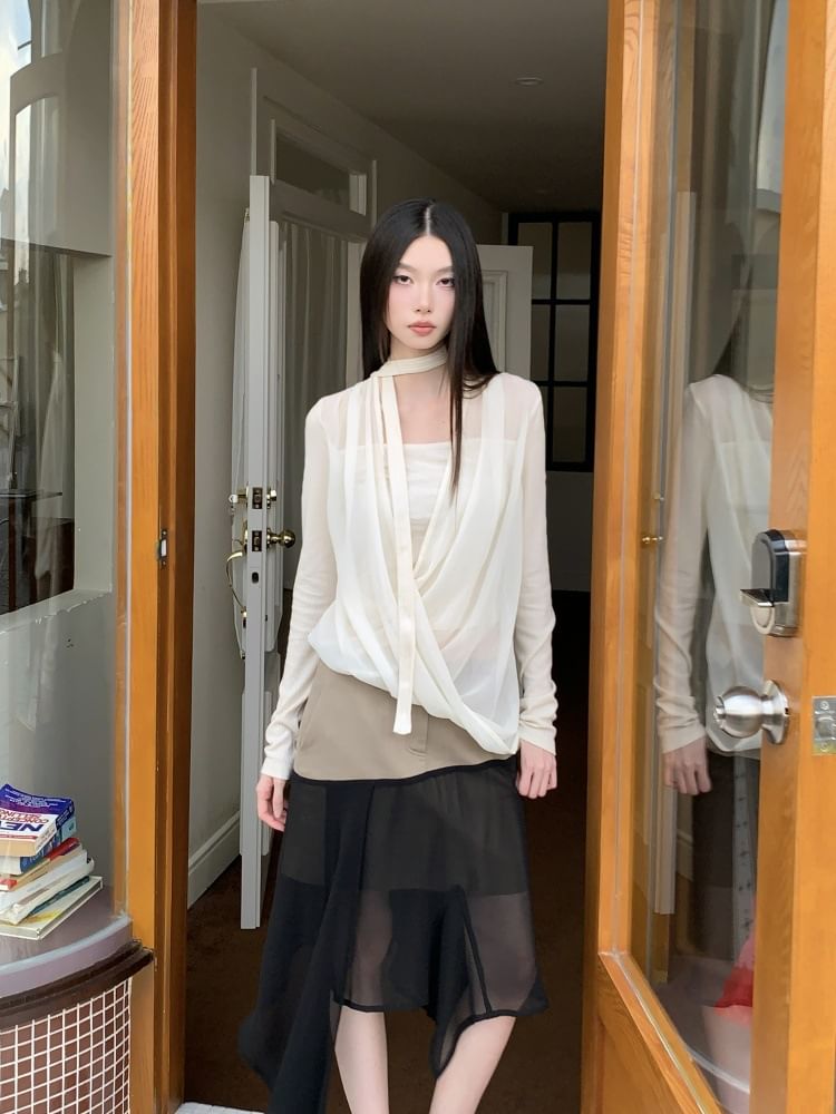 Velvet Panel Mesh Top with Mock Two-Piece Long Sleeves