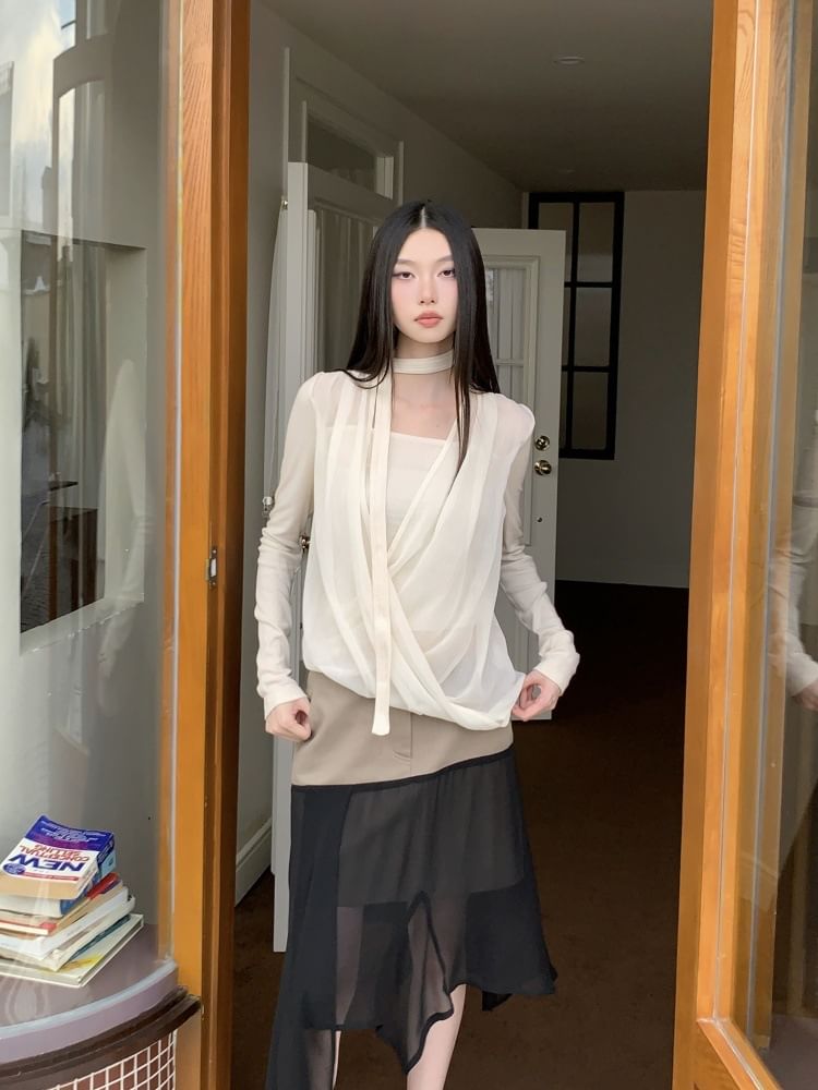 Velvet Panel Mesh Top with Mock Two-Piece Long Sleeves