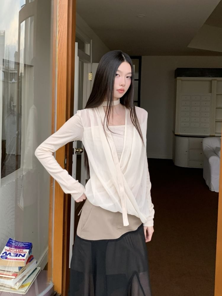 Velvet Panel Mesh Top with Mock Two-Piece Long Sleeves