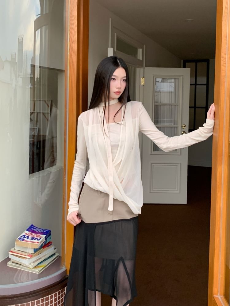 Velvet Panel Mesh Top with Mock Two-Piece Long Sleeves