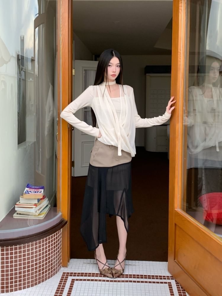 Velvet Panel Mesh Top with Mock Two-Piece Long Sleeves