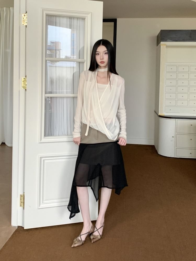 Velvet Panel Mesh Top with Mock Two-Piece Long Sleeves