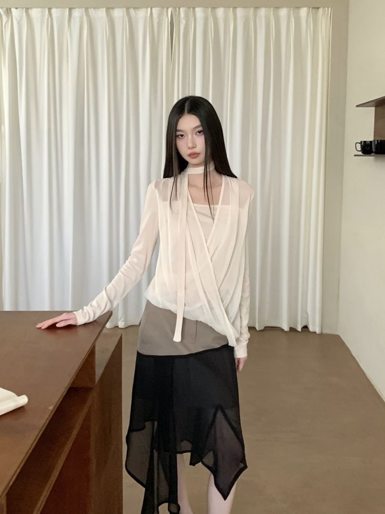 Velvet Panel Mesh Top with Mock Two-Piece Long Sleeves