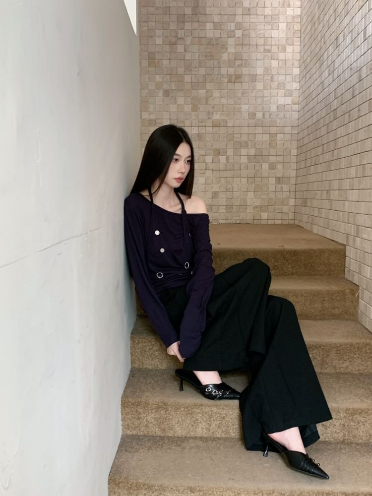 Embellished Off-Shoulder Halter Tee with Mock Two-Piece Long Sleeves