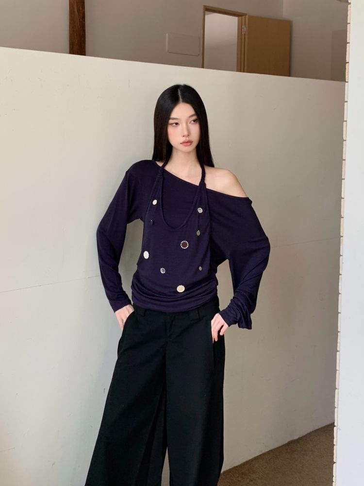 Embellished Off-Shoulder Halter Tee with Mock Two-Piece Long Sleeves