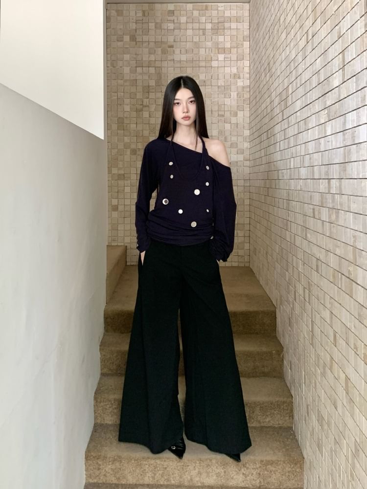 Embellished Off-Shoulder Halter Tee with Mock Two-Piece Long Sleeves