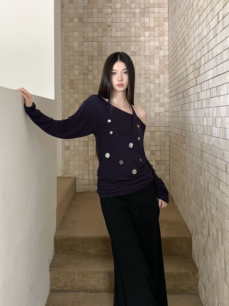 Embellished Off-Shoulder Halter Tee with Mock Two-Piece Long Sleeves