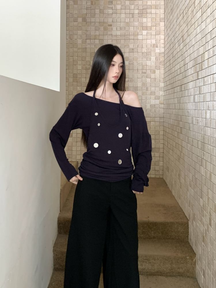 Embellished Off-Shoulder Halter Tee with Mock Two-Piece Long Sleeves