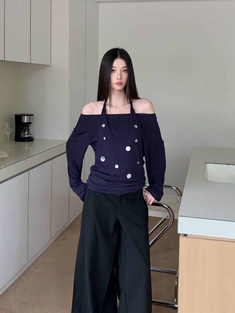 Embellished Off-Shoulder Halter Tee with Mock Two-Piece Long Sleeves