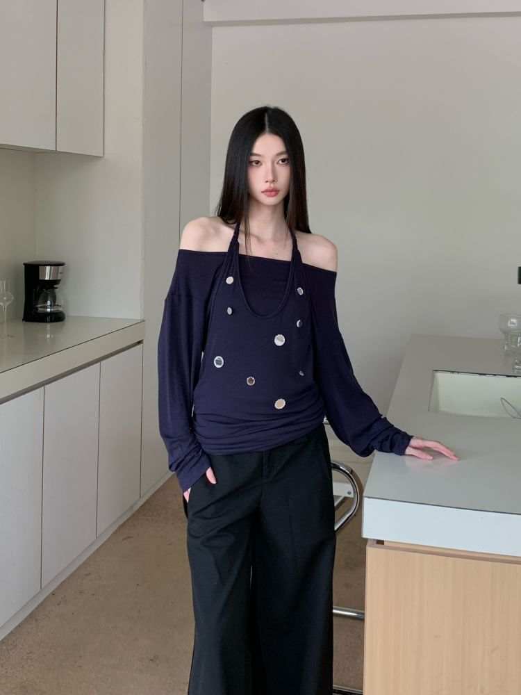 Embellished Off-Shoulder Halter Tee with Mock Two-Piece Long Sleeves