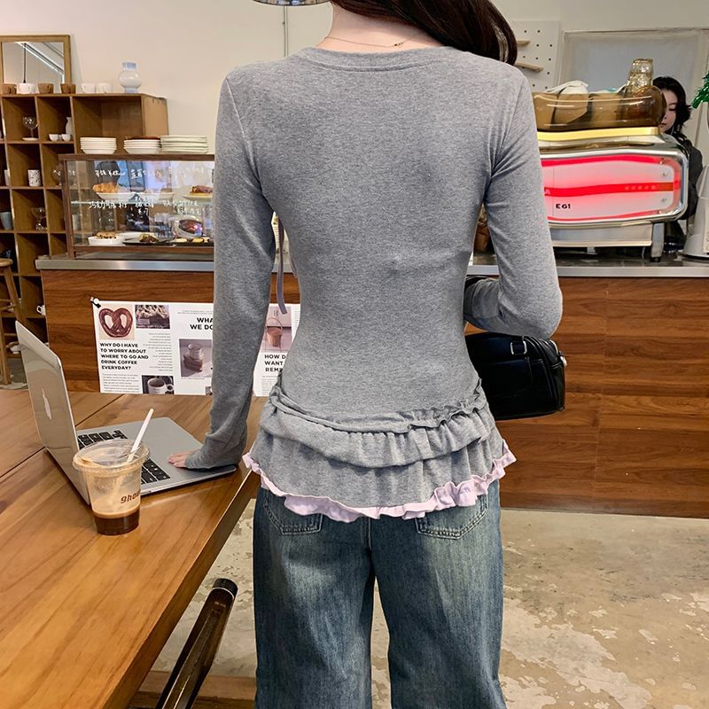 Two-Tone T-Shirt with Illusion Layered Look, Round Neckline, Long Sleeves & Ruffle Hem