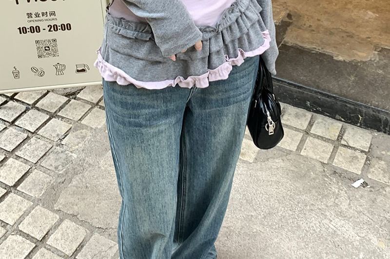 Two-Tone T-Shirt with Illusion Layered Look, Round Neckline, Long Sleeves & Ruffle Hem