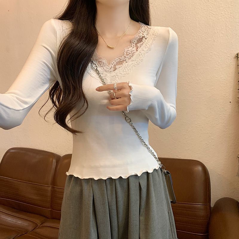 Slim-Fit Cropped Tee with V-Neckline, Lace Inserts & Lettuce Hem, Long Sleeves