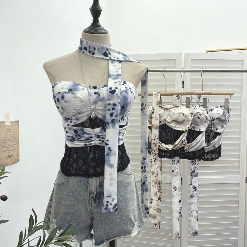 Tie-Dyed Lace Panel Tube Top with Sash Belt