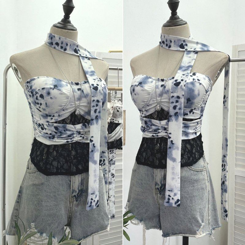 Tie-Dyed Lace Panel Tube Top with Sash Belt