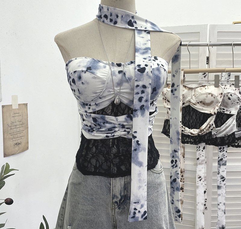 Tie-Dyed Lace Panel Tube Top with Sash Belt