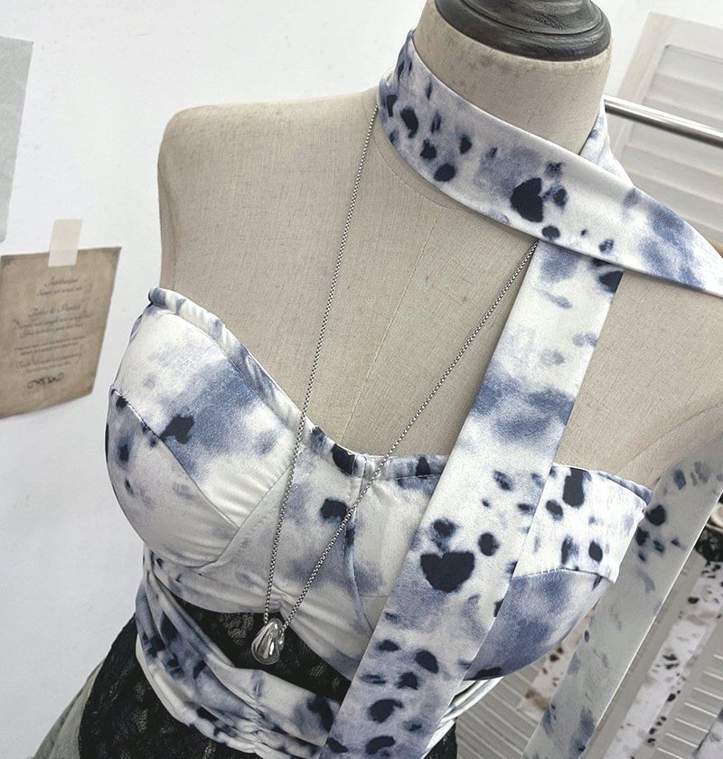 Tie-Dyed Lace Panel Tube Top with Sash Belt