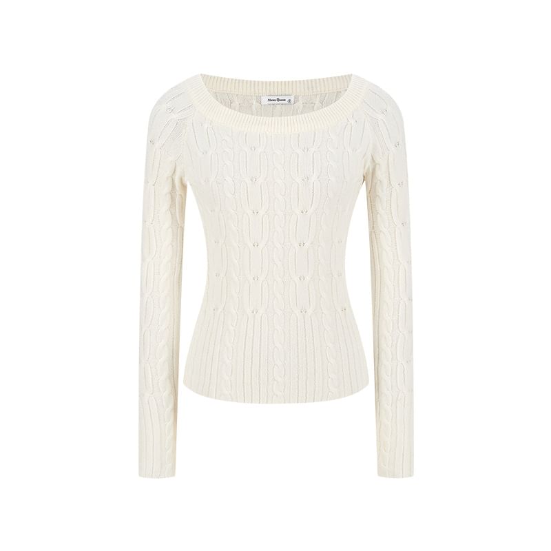 Slim-Fit Cable-Knit Sweater with Off-Shoulder Design and Long Sleeves