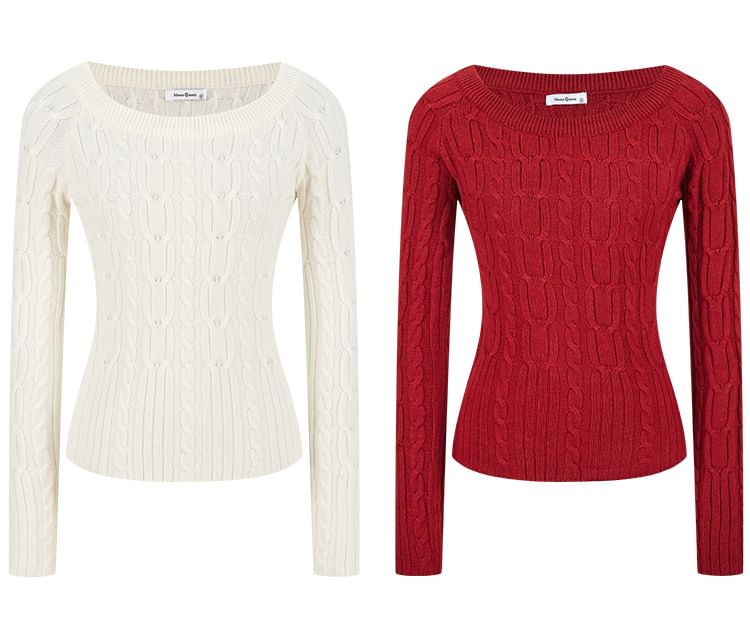 Slim-Fit Cable-Knit Sweater with Off-Shoulder Design and Long Sleeves