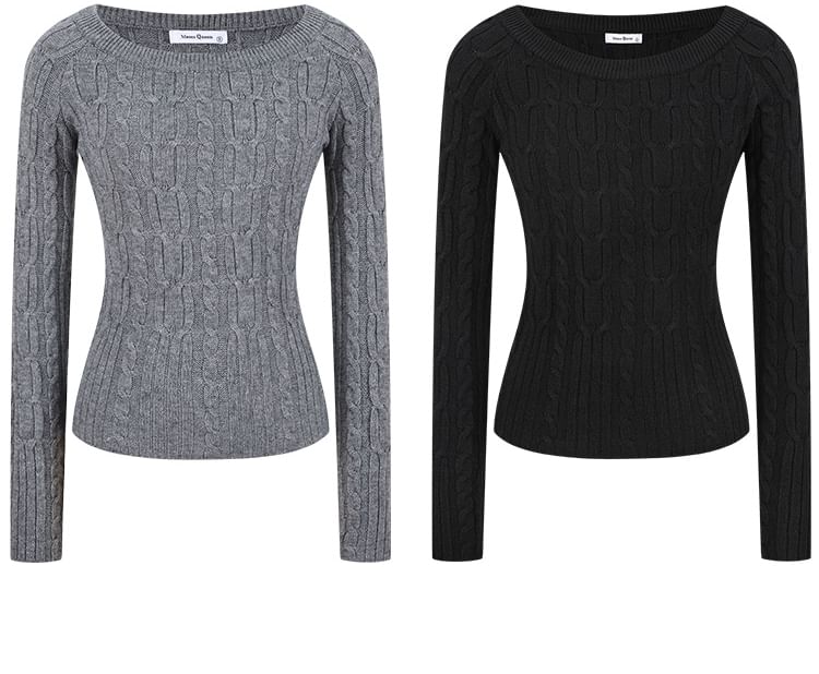 Slim-Fit Cable-Knit Sweater with Off-Shoulder Design and Long Sleeves