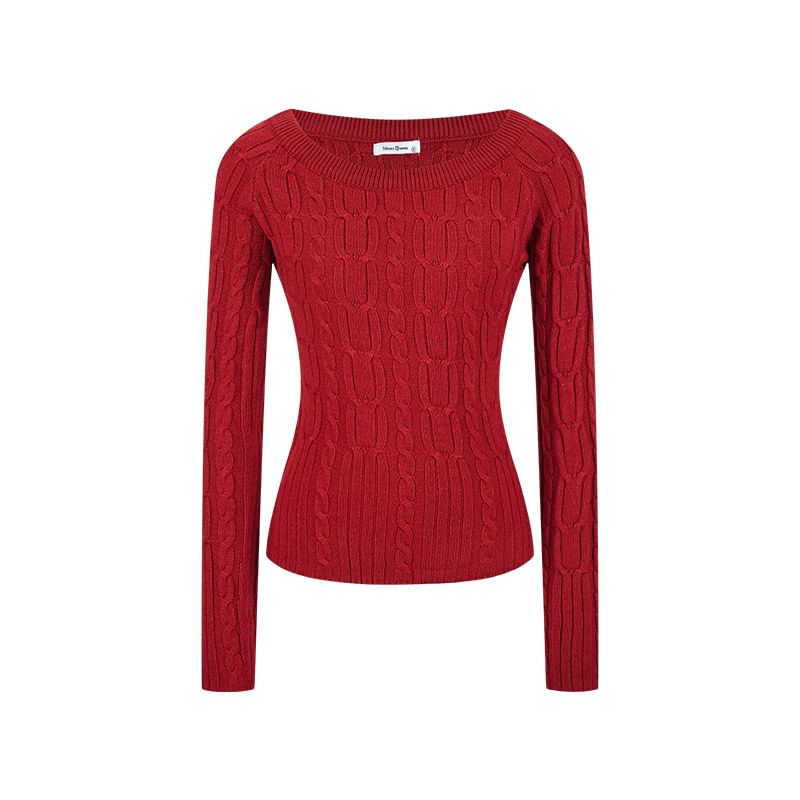 Slim-Fit Cable-Knit Sweater with Off-Shoulder Design and Long Sleeves