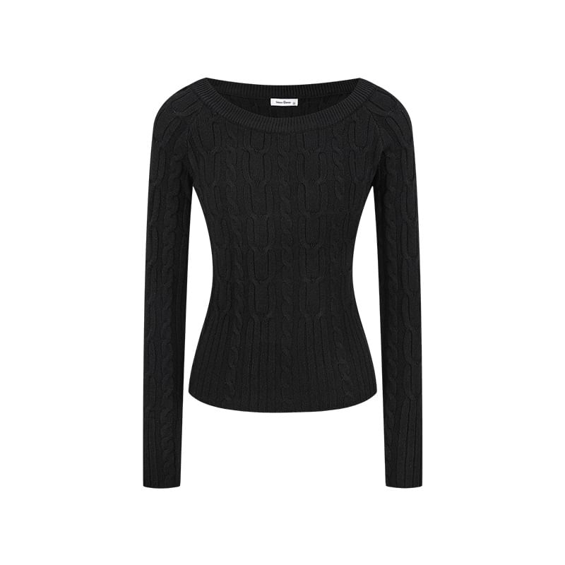 Slim-Fit Cable-Knit Sweater with Off-Shoulder Design and Long Sleeves