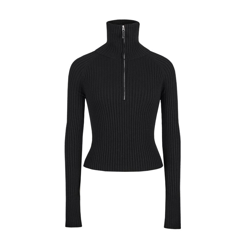 Ribbed-Knit Top with Mock Two-Piece Half-Zip and Long Sleeves
