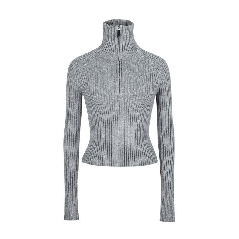 Ribbed-Knit Top with Mock Two-Piece Half-Zip and Long Sleeves