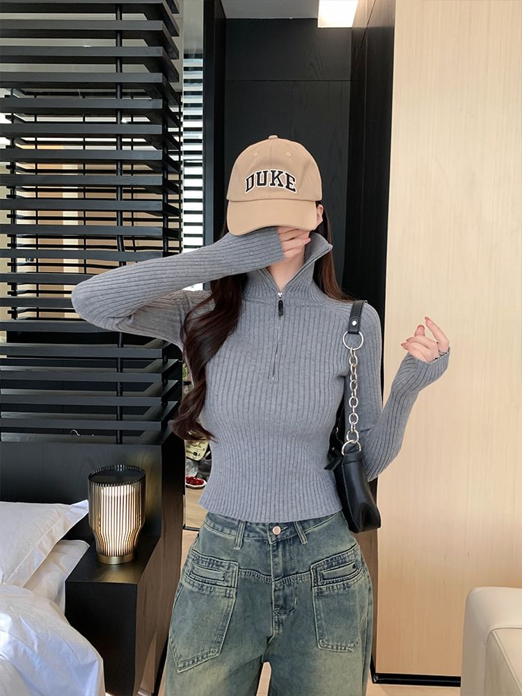 Ribbed-Knit Top with Mock Two-Piece Half-Zip and Long Sleeves