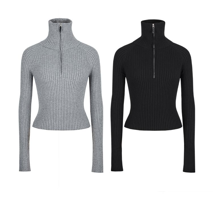 Ribbed-Knit Top with Mock Two-Piece Half-Zip and Long Sleeves