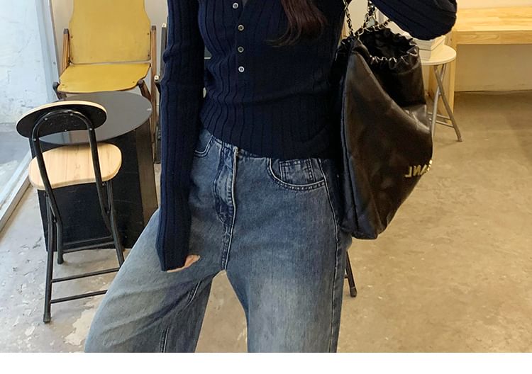 Ribbed-Knit Top with Half-Button Placket and Long Sleeves