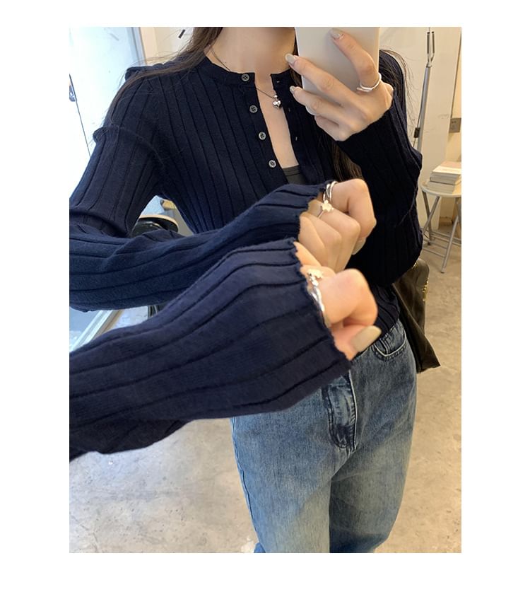 Ribbed-Knit Top with Half-Button Placket and Long Sleeves